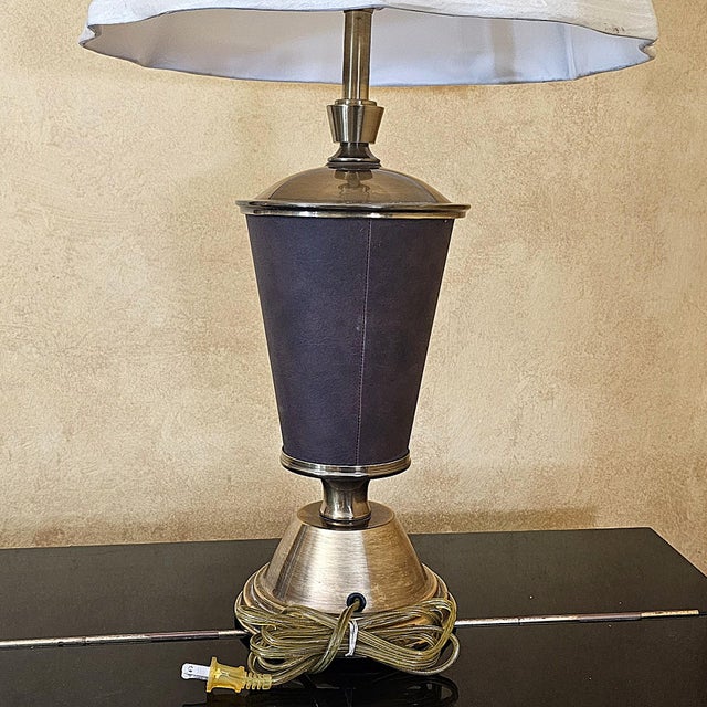 Vintage Brass & Faux Leather Table Lamp With Off‑White Silk Shade — 26.5" For Sale - Image 17 of 18