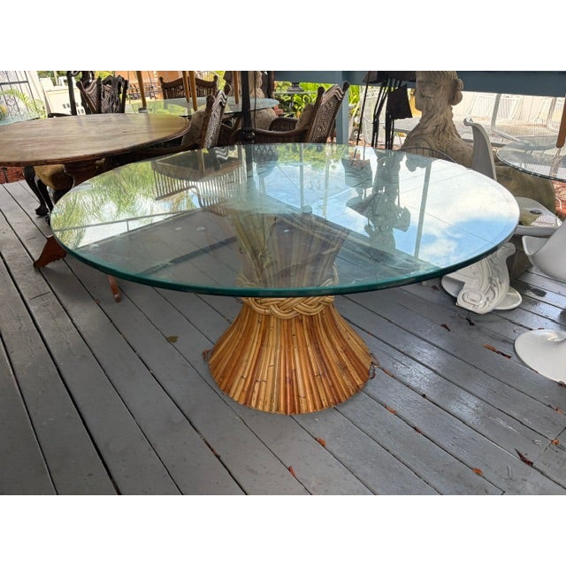 McGuire 1960s Large Round Rattan Bamboo Dining Table With Glass Top For Sale - Image 4 of 8