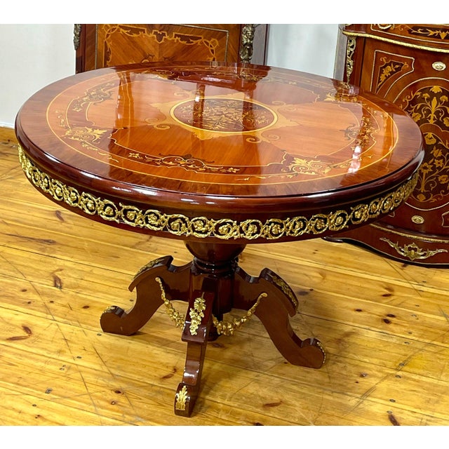 Luxury French Round Dining Table – Rich Wood Finish With Ornate Gilded Ornament For Sale - Image 4 of 4