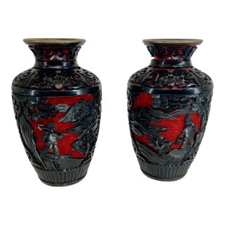 Pair of Miniature Black and Red Cinnabar Vases For Sale