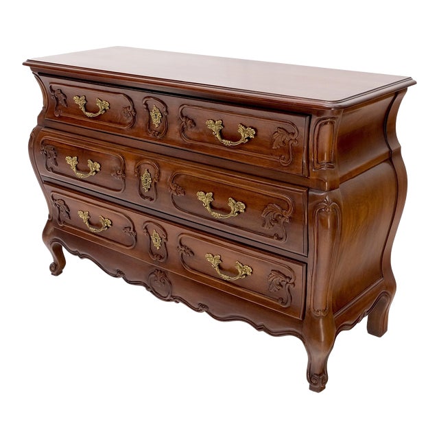 Bombe Country French Carved Cherry 3 Drawer Dresser Brass Hardware Pulls For Sale
