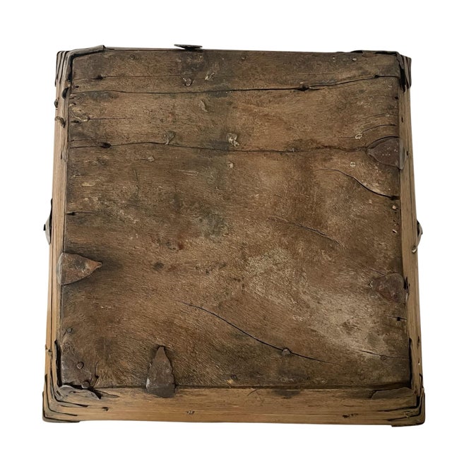 Brown Antique Chinese Rice Grain Measure Box Dou Wooden Primitive Basket Bucket Iron For Sale - Image 8 of 8