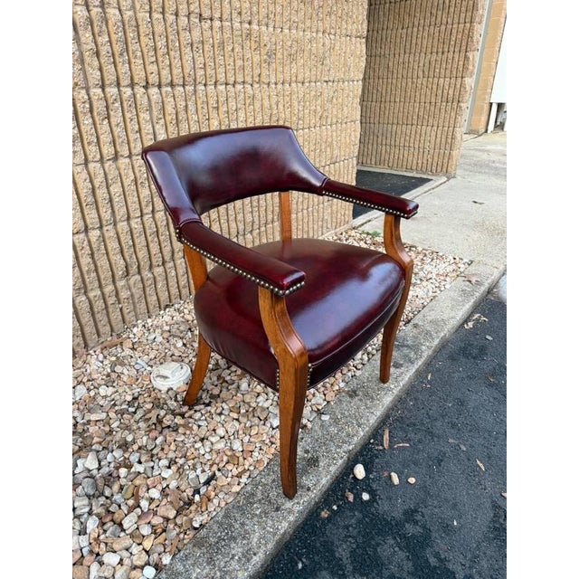 Brown Late 20th Century Hickory Leather Company Set of Four Vintage Burgundy/ Oxblood Vinyl Brass Nailhead Armchairs For Sale - Image 8 of 11