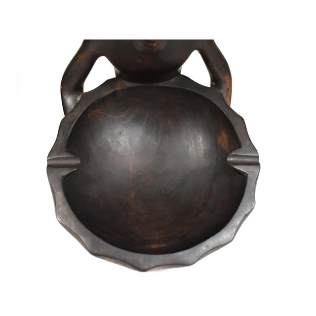 Wood Mid 20th Century Hand Wood Carved Oriental Man Holding Bowl Ashtray For Sale - Image 7 of 12