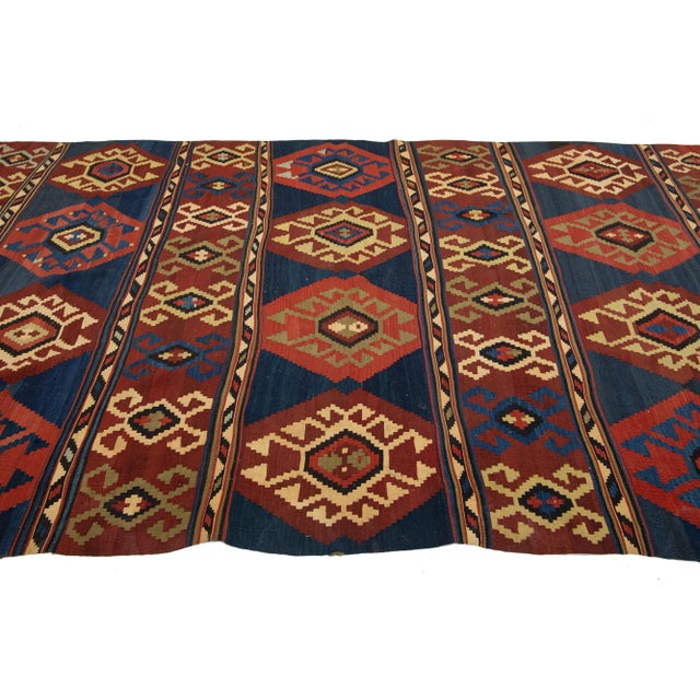 1900 - 1909 Handmade Vintage Turkish Kilim Wool Rug Allover Geometric in Blue and Red For Sale - Image 5 of 9