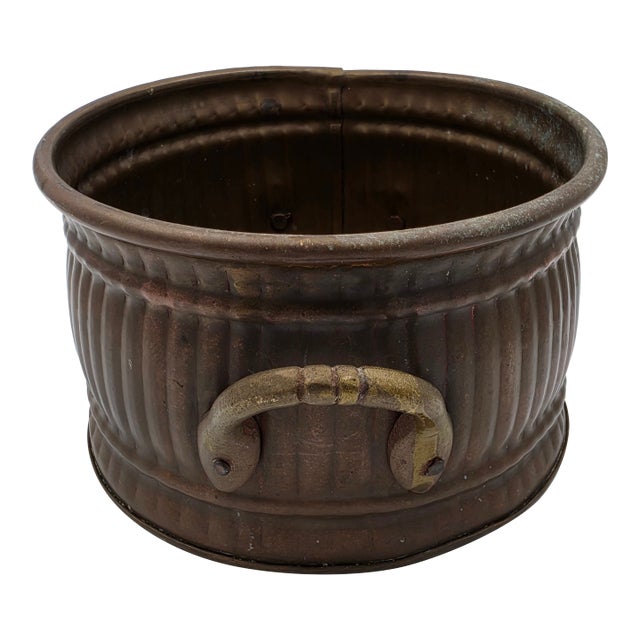 Vintage Fluted Copper & Brass Cachepot Planter Bowl With Cast Handles For Sale