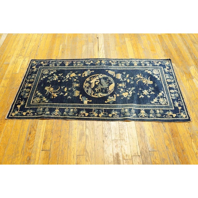 Chinese 1930s Blue Navy Floral Medallion Antique Chinese Peking Rug 2'0" X 4'6" Handknotted Wool Carpet For Sale - Image 3 of 6