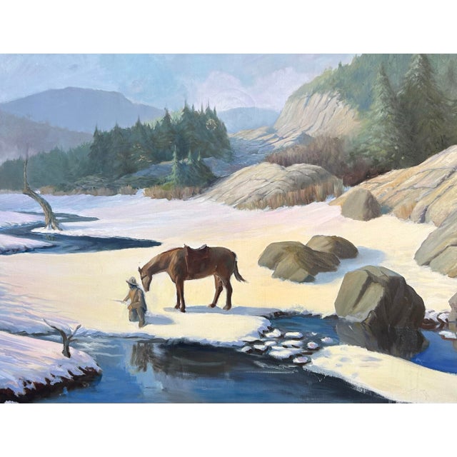 Impressionist Vintage Oil Painting of a Man and Horse in Snowy Rocky Mountain Landscape For Sale - Image 3 of 5