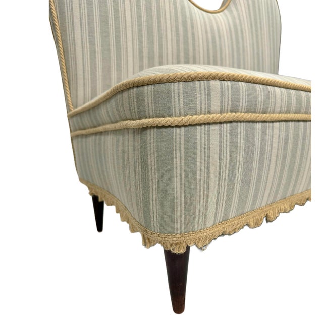 Mid-century two seat Setee attributed to Cesare Lacca. Upholstered in ZAK+FOX striped fabric with braided cord trim and...