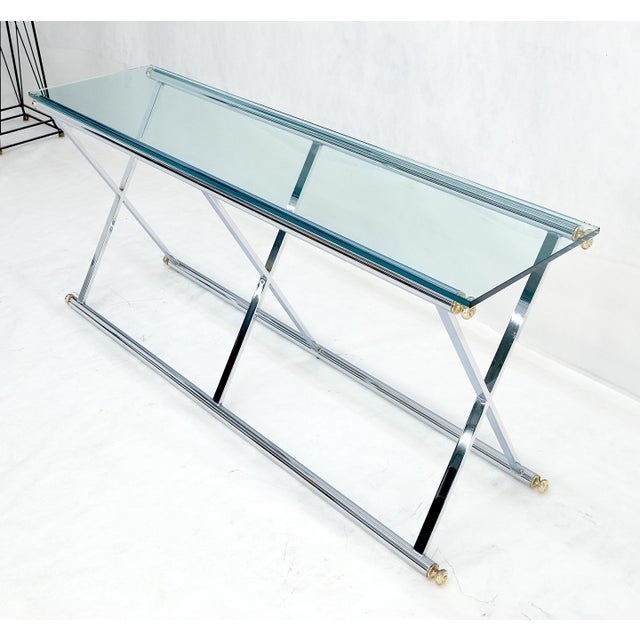 Chrome X Base Glass Top 67" Long Console Sofa Table Mid Century Modern c1970s For Sale - Image 12 of 13