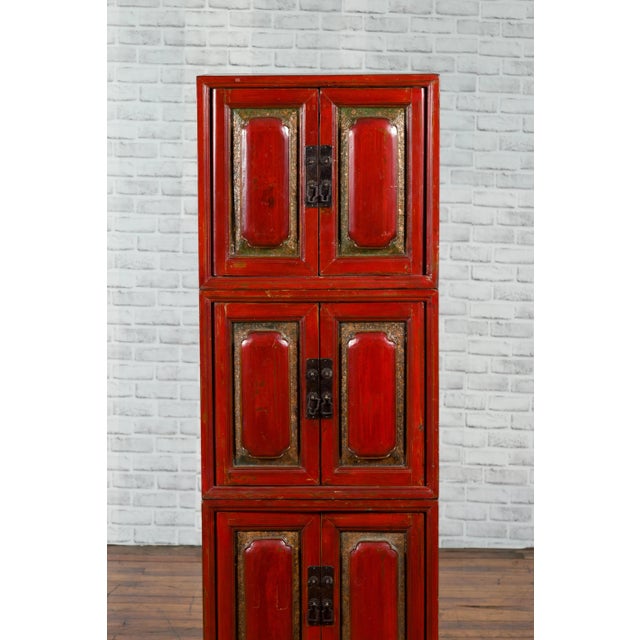 Wood Chinese Early 20th Century Red Lacquer Three-Section Stackable Cabinet For Sale - Image 7 of 13