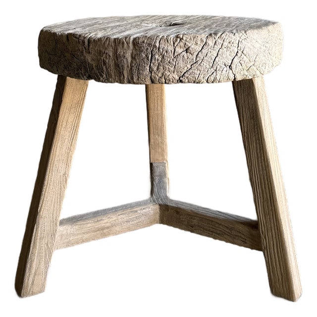 Vintage Elm Wood Wheel Side Table #D73 For Sale