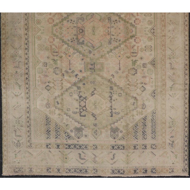 Vintage Turkish Tribal Medallion Oushak in Muted Green, Pink, and Off White For Sale - Image 4 of 16