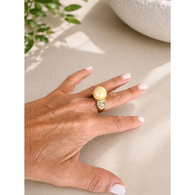1980s Golden South Sea Pearl & Diamond Heart Ring in 14k Gold For Sale - Image 14 of 15