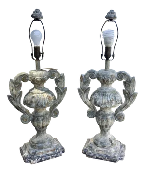 Carved Distressed Wood Italian Urn Table Lamps