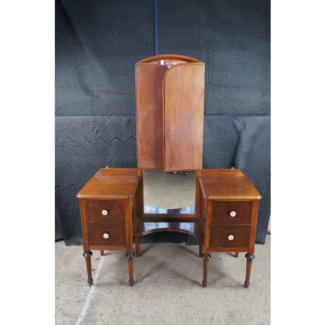 Antique Walnut Dressing Table Vanity Desk W Trifold Mirror 68" For Sale - Image 4 of 12