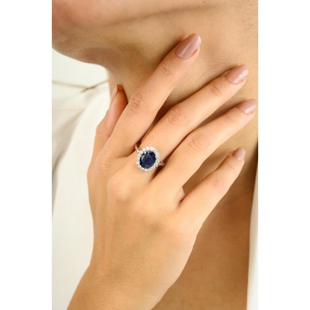 Diamonds Halo Oval Cut Sapphire Cocktail Ring in 14k Solid White Gold Size 5.5 For Sale In New York - Image 6 of 12