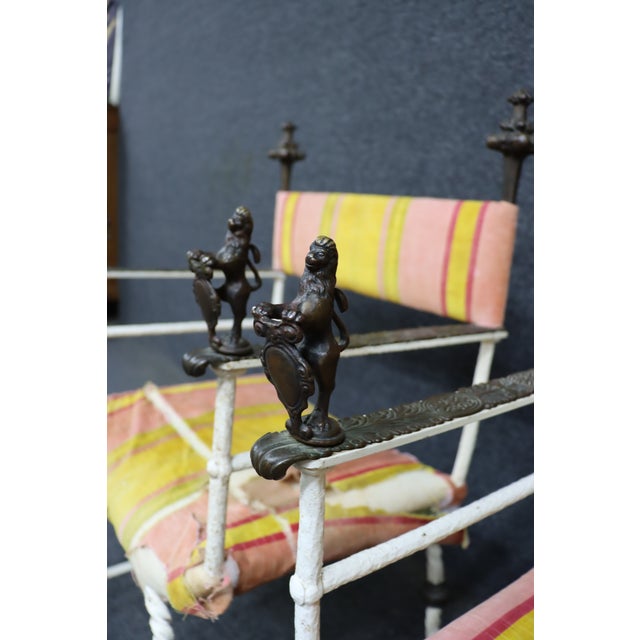 Metal Pair of Italian Savonarola Style Iron Chairs With Figural Arms For Sale - Image 7 of 15