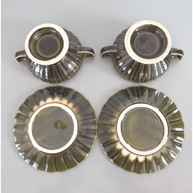 Vintage Green Double Handle Soup Bowls and Saucers Set of 4 For Sale In New York - Image 6 of 8