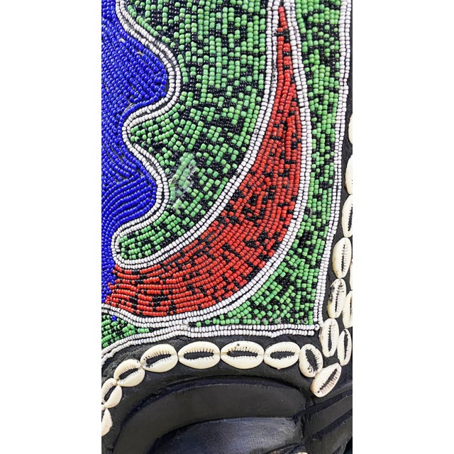 Wood Large African Beaded Ghana Bakota Hand Carved Mask Wall Art 62.5" H For Sale - Image 7 of 11