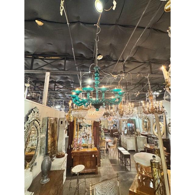 Modern Murano Teal Glass Chandelier For Sale - Image 9 of 9