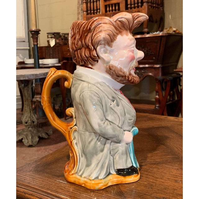 Early 20th Century Early 20th Century French Painted Ceramic Barbotine Figure Pitcher by Onnaing For Sale - Image 5 of 10