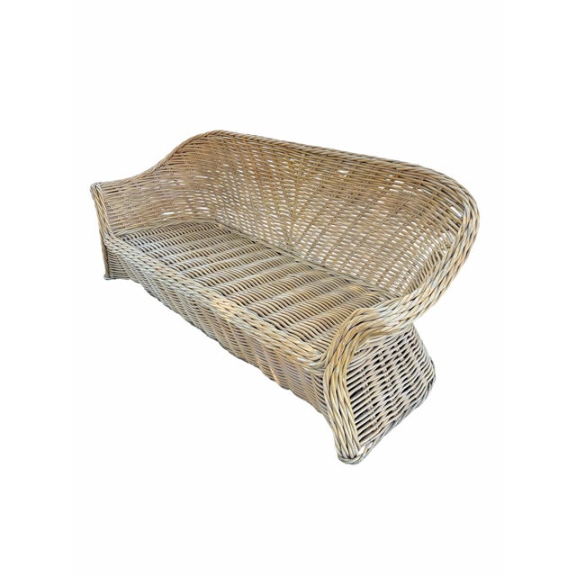 Vintage Coastal Wicker Sofa With Channel-Tufted Cranberry Cushions For Sale In Portland, OR - Image 6 of 10