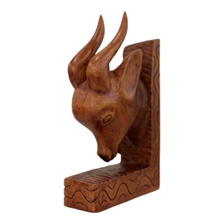 Vintage 1975 Art Deco Hand-Crafted Wood Goat Bookend Signed Pierrot on Bottom For Sale