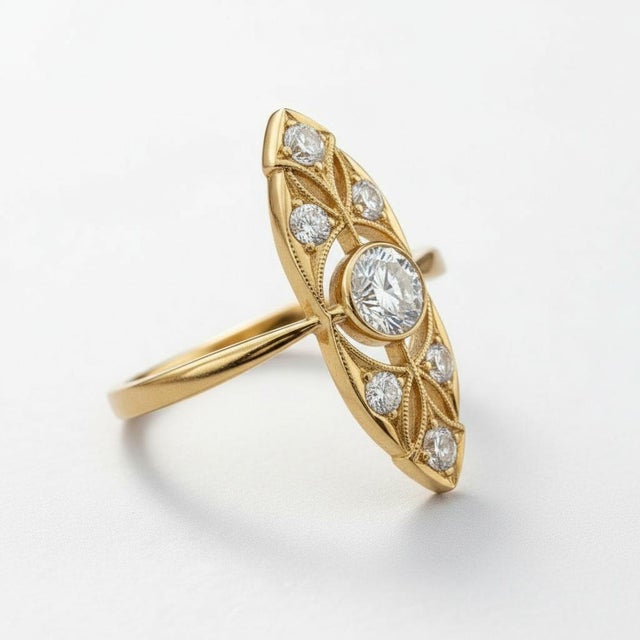 Art-deco style moissanite 14k gold ring. Vintage style engagement ring. Delicate ring. Weight: 2.5 g. depends from size...