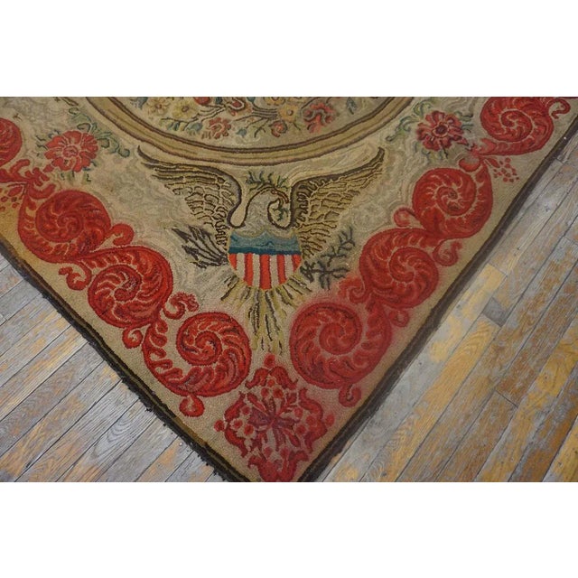 Magistral Tan Beige Color With Floral and Geometric Design Antique American Hooked Rug For Sale - Image 4 of 15