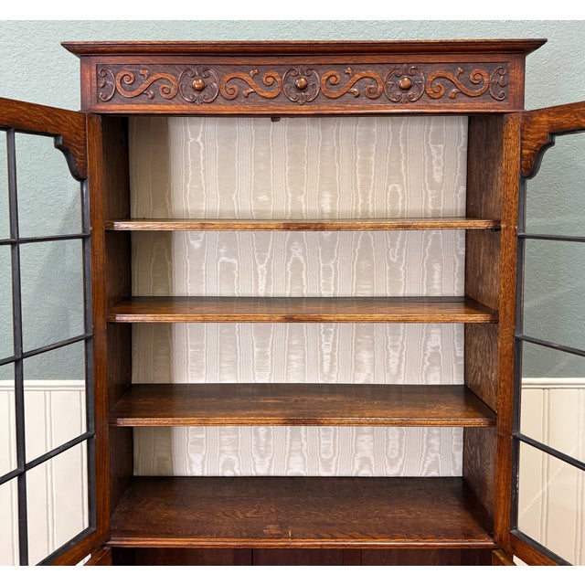 Antique English Bookcase Bookshelf Cabinet Double Door Wavy Glass Oak c.1930s For Sale - Image 12 of 17