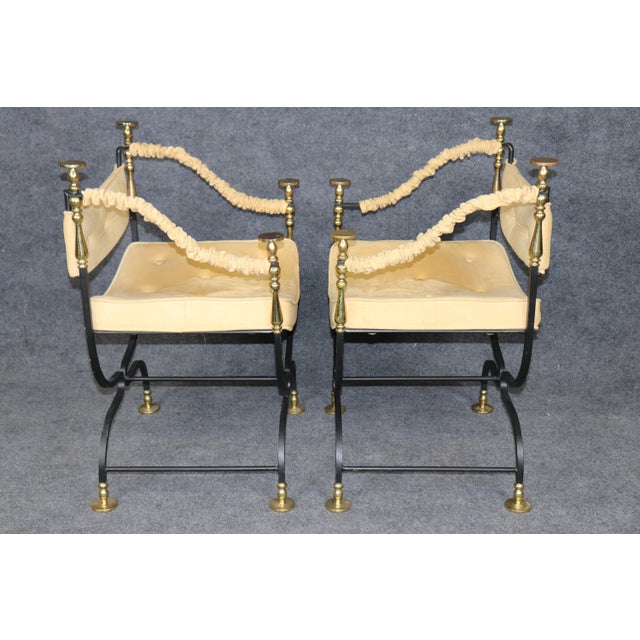 1940's Pair Italian Brass and Steel Jansen Style Savonarola Armchairs For Sale In Philadelphia - Image 6 of 16