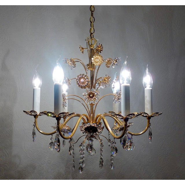 Brass & Lead Crystal Chandelier with Flowers from Palwa, 1970s For Sale - Image 11 of 15