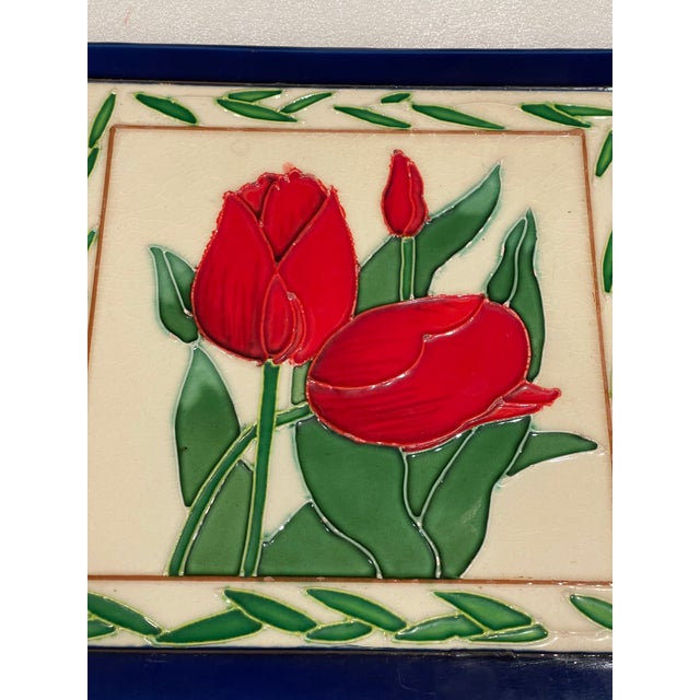 20 th c Art Deco style vintage polychrome ceramic plaque.. large impressive floral tile with red tulips.