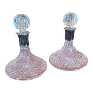 Vintage Pair of Crystal Decanters With Sterling Silver Necks For Sale