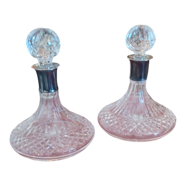 Vintage Pair of Crystal Decanters With Sterling Silver Necks For Sale