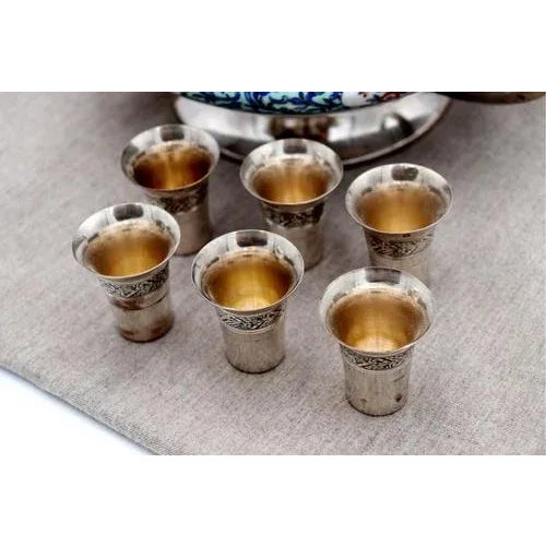 Silver and Porcelain Liqueur Bottle with Glasses, Set of 7 For Sale - Image 5 of 8