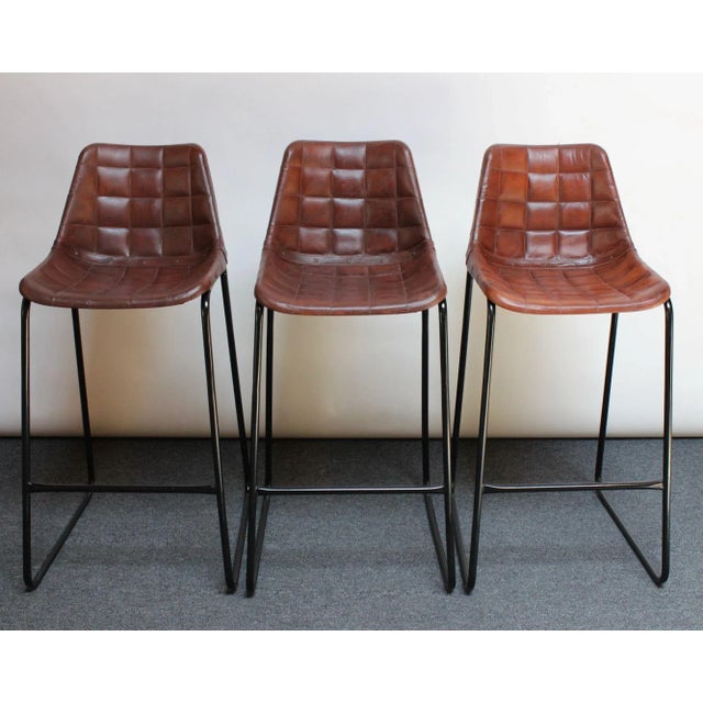 Mid-Century Modern Set of Three Vintage Italian Steel and Iron Barstools With Leatherette Seats For Sale - Image 3 of 13