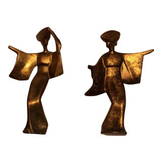Mid-Century Modern Cast Bronze Dancing Geisha Girls- A Pair For Sale