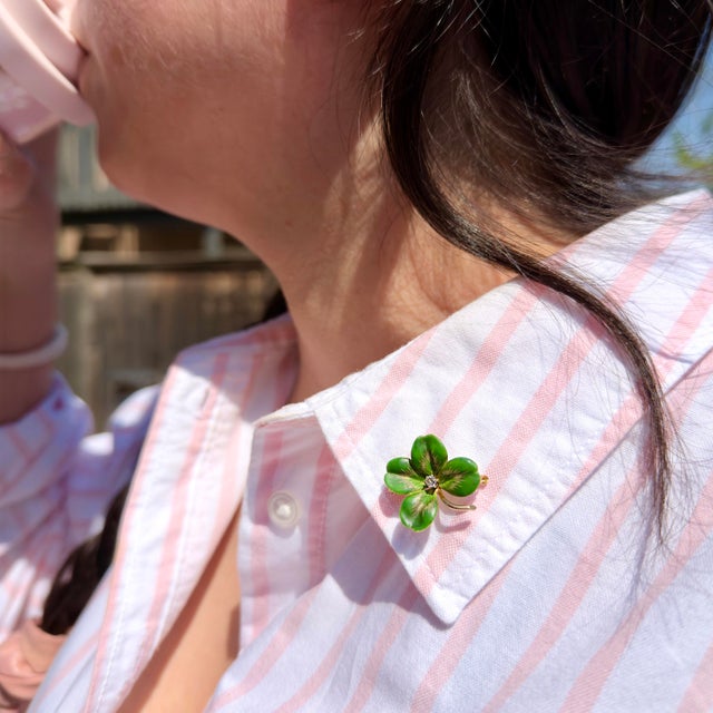 Antique Krementz & Co. 14k Four Leaf Clover, Old European Cut Diamond, Brooch For Sale - Image 9 of 13