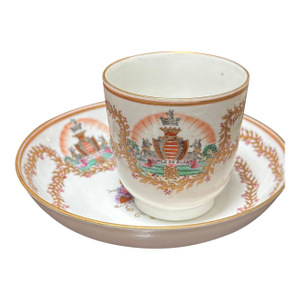 Antique Samson French Porcelain Armorial Crest Cup & Saucer - Barrymore Family