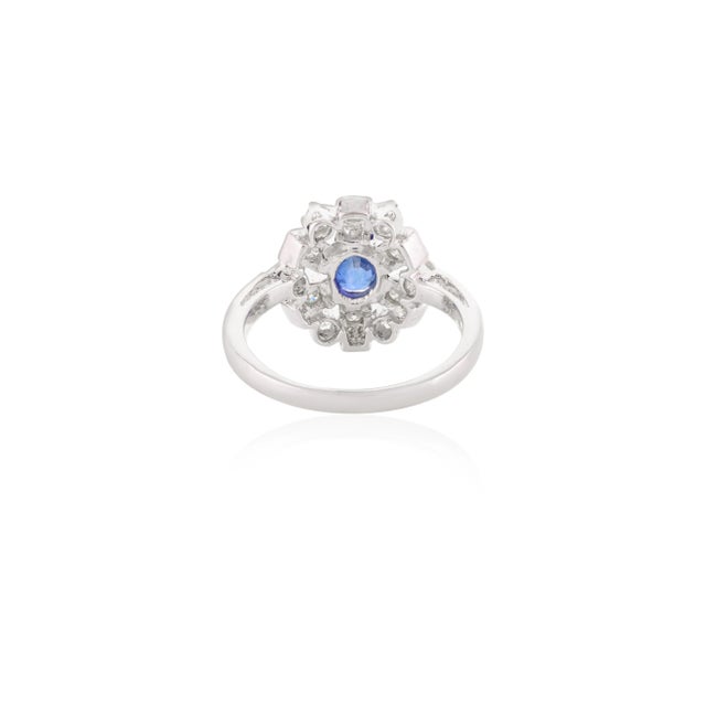 Metal 14k White Gold Floral Halo Diamond Blue Sapphire Princess Ring Size 7 For Sale - Image 7 of 12