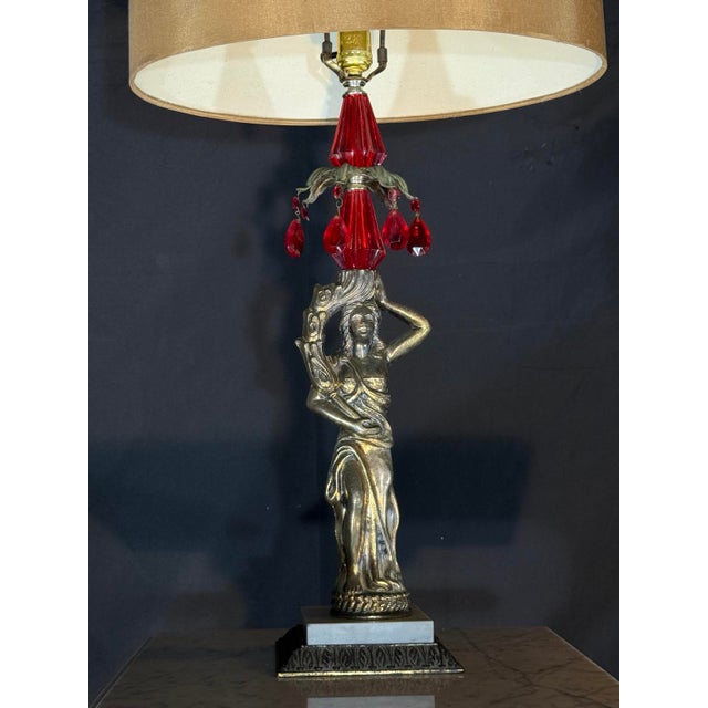 2000 - 2009 2000s Hollywood Regency Gold Figural Table Lamp With Red Crystals For Sale - Image 5 of 5