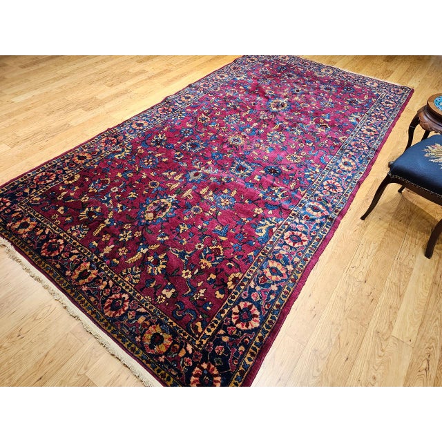 Vintage Persian Manchester Kashan Gallery Rug, Hand-Knotted Wool, Geometric Pattern, 6x12, Crimson Red & Blue For Sale - Image 14 of 18