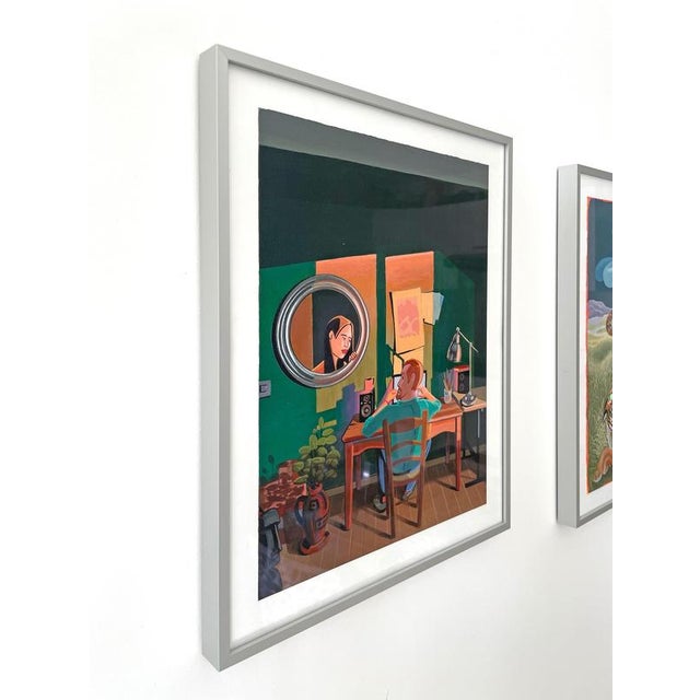 Acrylic Painting on Paper with Interior Scene and Mirror Reflection, 2021, Framed For Sale - Image 3 of 12