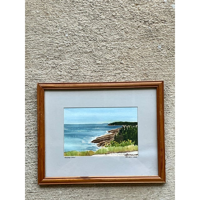 Sky Blue Vintage Framed Coastal Landscape Watercolor For Sale - Image 8 of 12