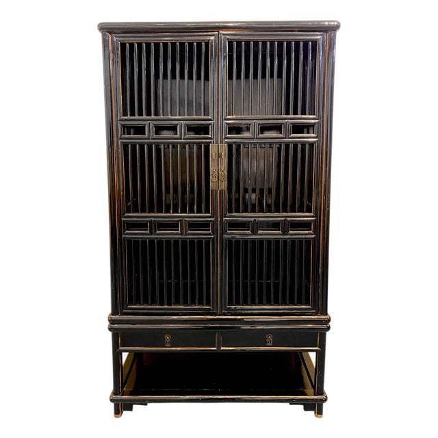 Chinese Black Lacquered Lattice Cabinet For Sale