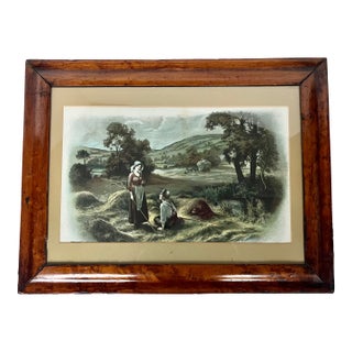 Antique Eva Hollyer Countryside Print in Burl Wood Frame For Sale