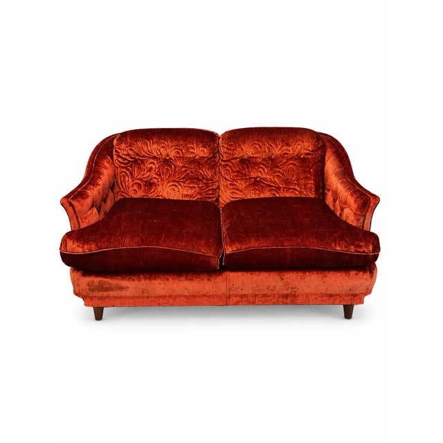 1970s Burnt Orange Crushed Velvet Curved Loveseat For Sale - Image 10 of 10