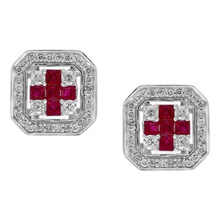 Princess Cut Natural Ruby and Diamond Stud Post Earrings 14 Karat White Gold For Sale